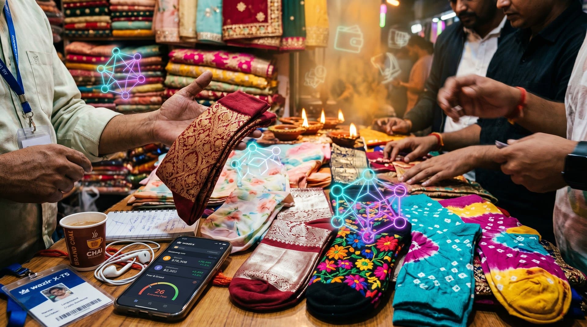 Ethnic South Asian socks with crypto charts overlay in Diwali market blending fashion and blockchain