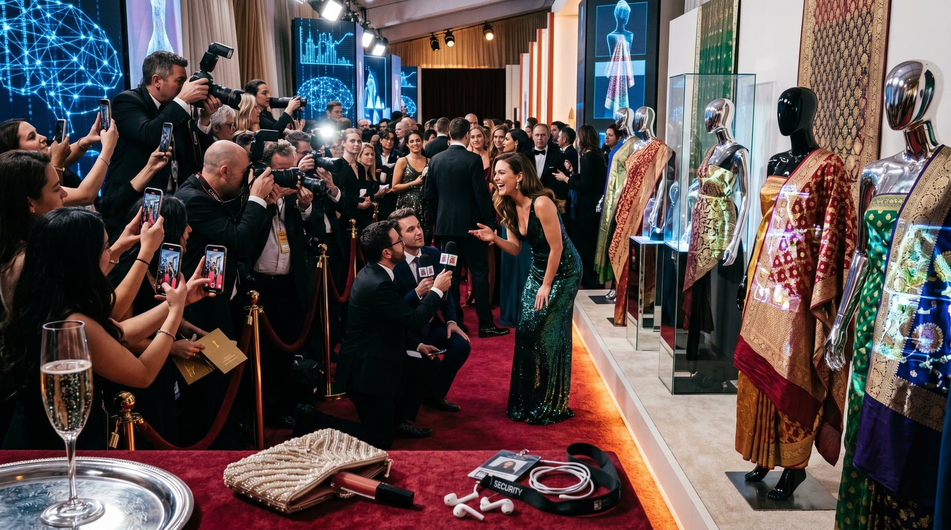Oscars red carpet featuring AI-generated South Asian fashion holograms with sarees, lehengas, and textiles under dramatic spotlights