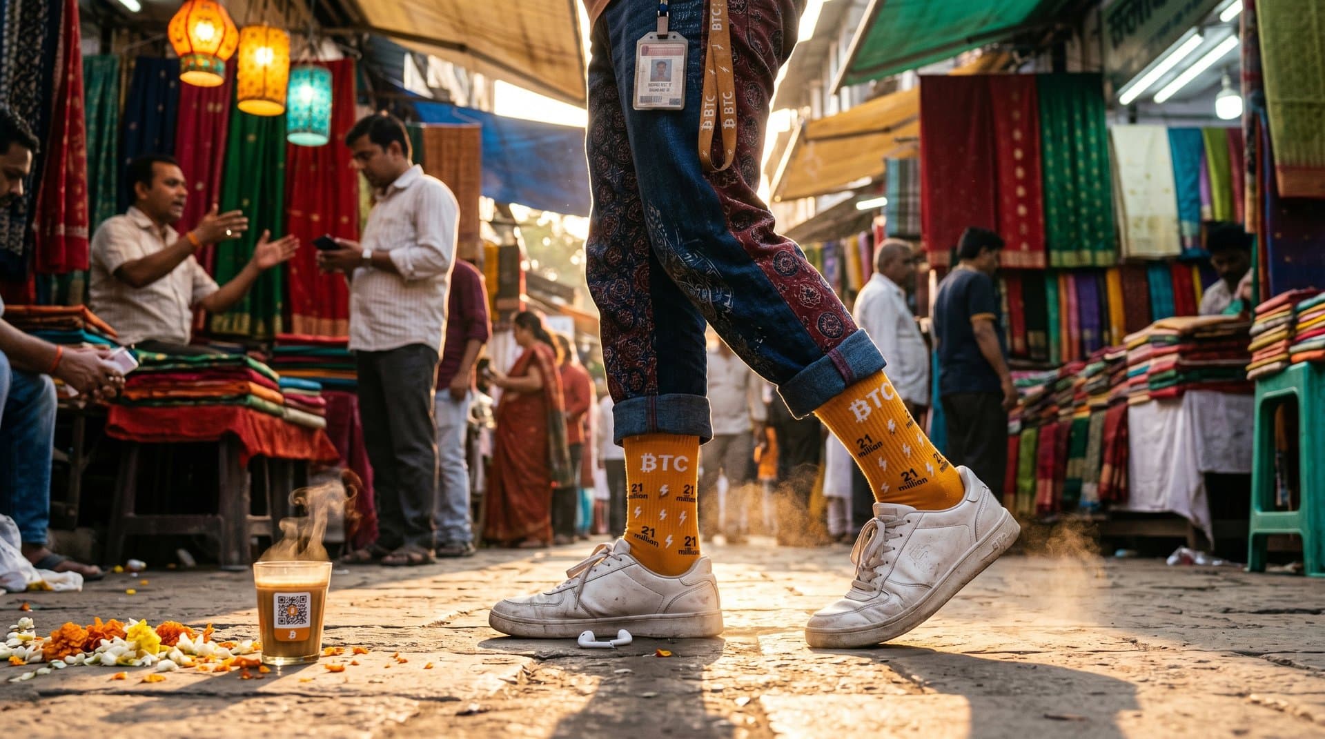 Bitcoin-print combed cotton socks paired with block-print jeans and sneakers in Mumbai market, showcasing crypto-to-handloom fashion shift