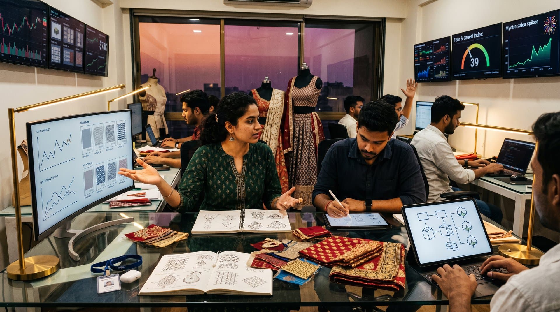 South Asian fashion designers audit blockchain scams on screens amid textile NFTs and crypto charts in a Mumbai startup office.