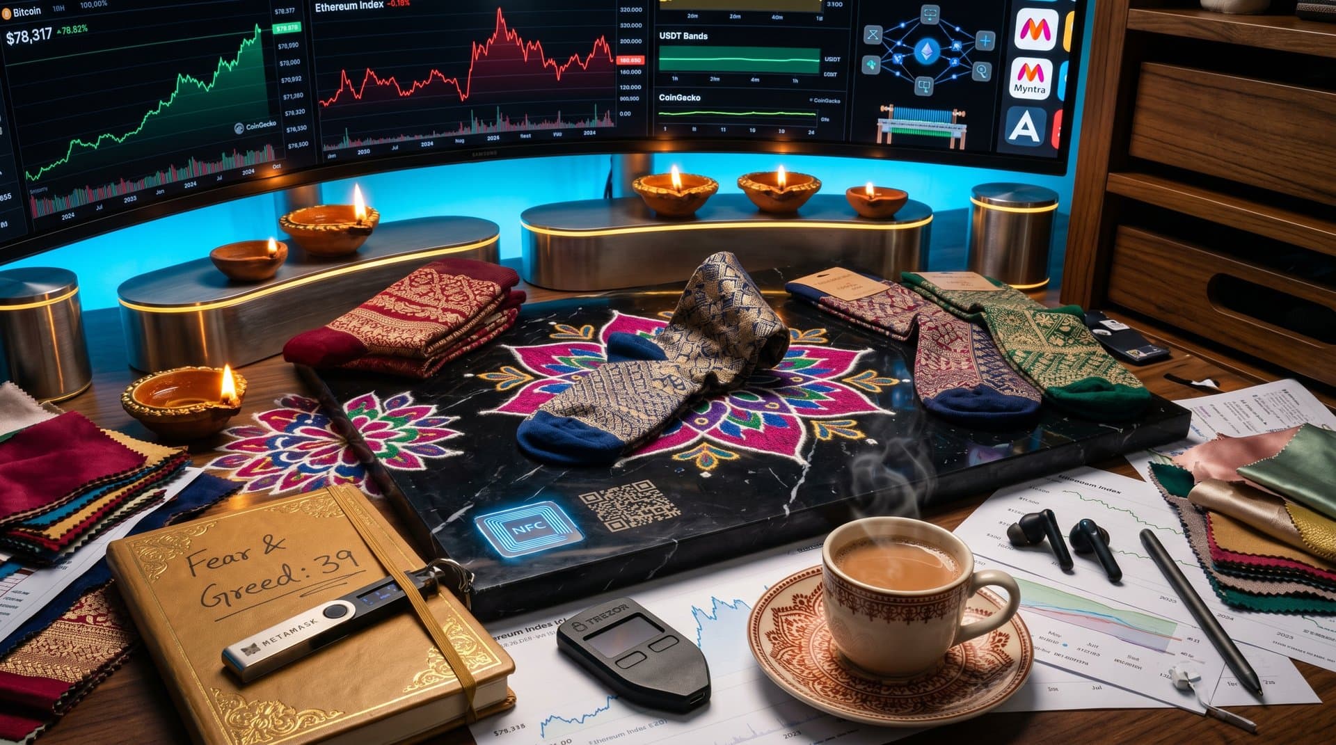 Luxury South Asian hand-knitted socks with blockchain QR codes and crypto charts in festive Indian style