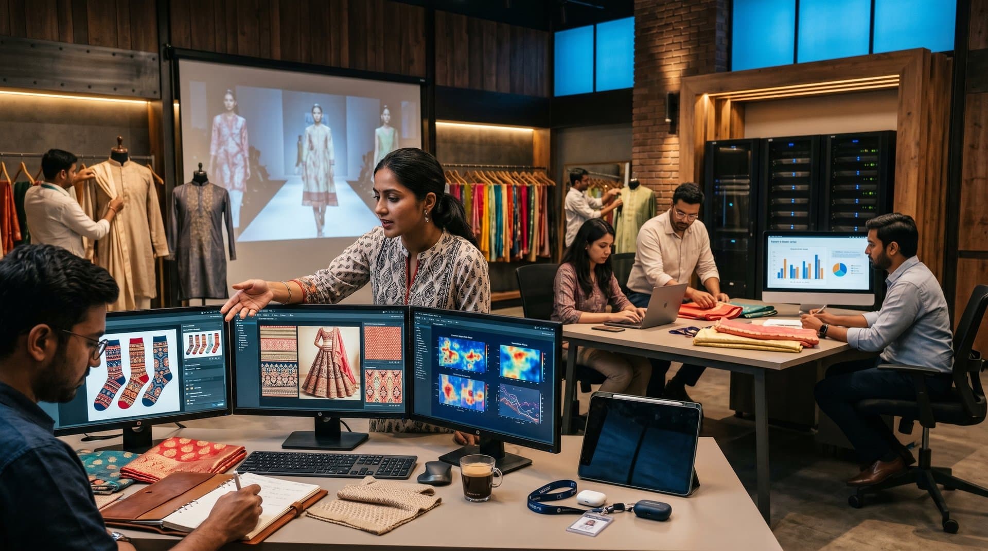 AI workspace with monitors showing custom South Asian sock and textile designs amid fabric swatches and trend data