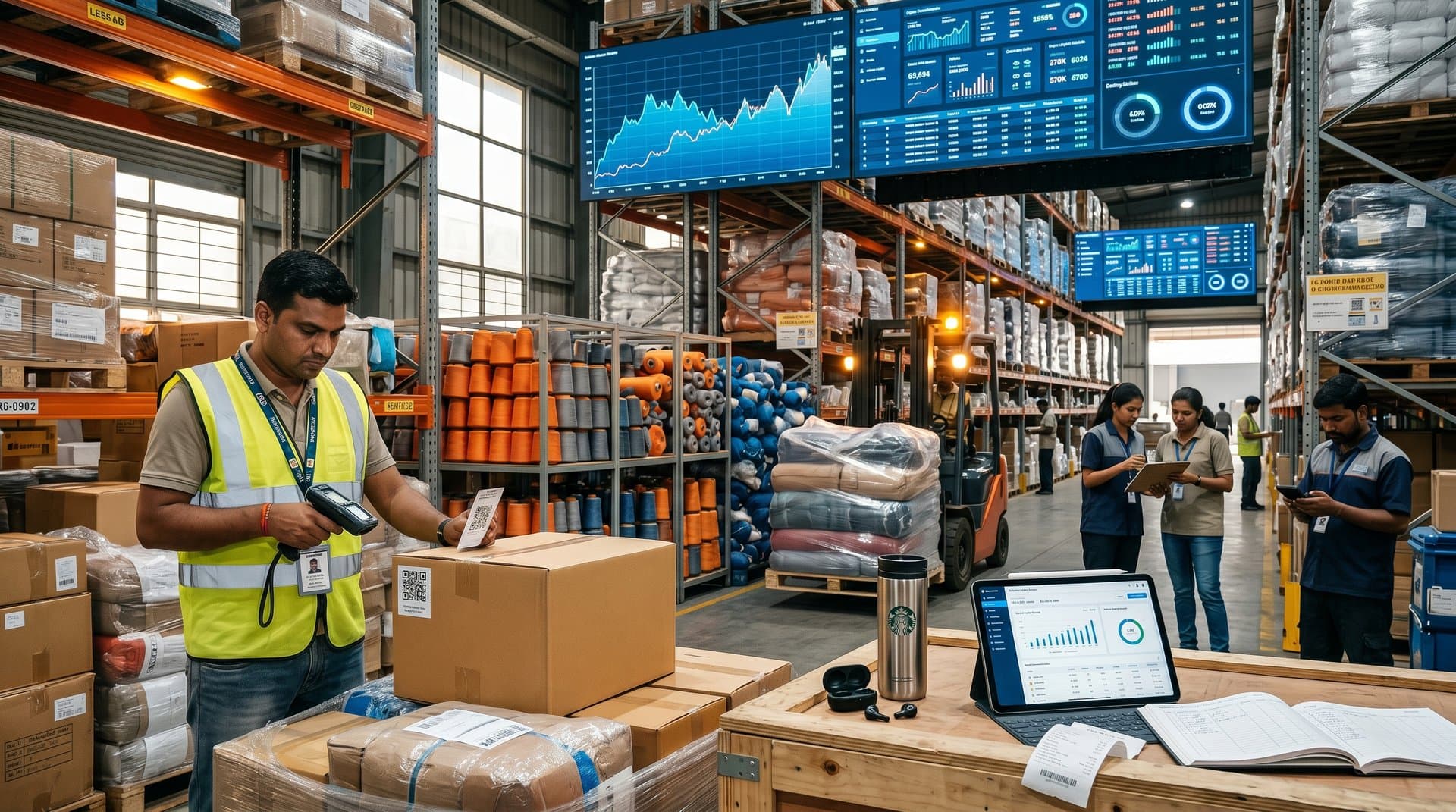 E-commerce warehouse with socks, USDT rewards screens, BTC at $80K charts, and blockchain festive sales data in Mumbai style