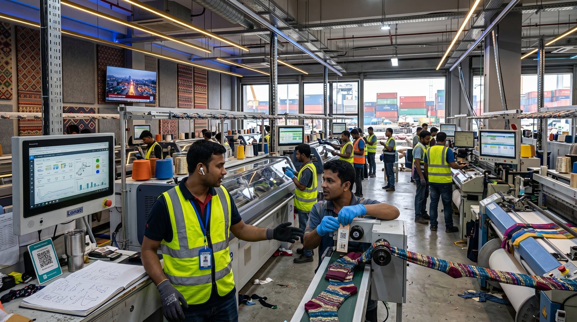 Bangladesh sock factory dashboard shows blockchain payments and BTC at $80K amid festive textile production