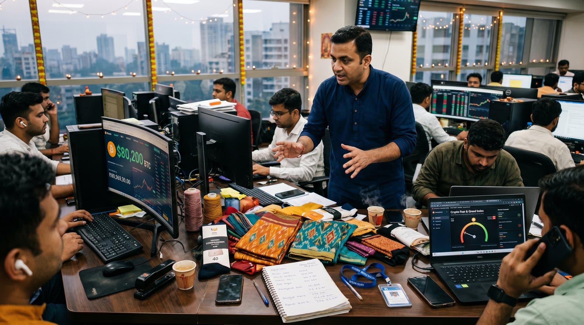 Bitcoin Fear & Greed 40 charts fused with South Asian hosiery sales graphs, sustainable sock swatches, and textile market data