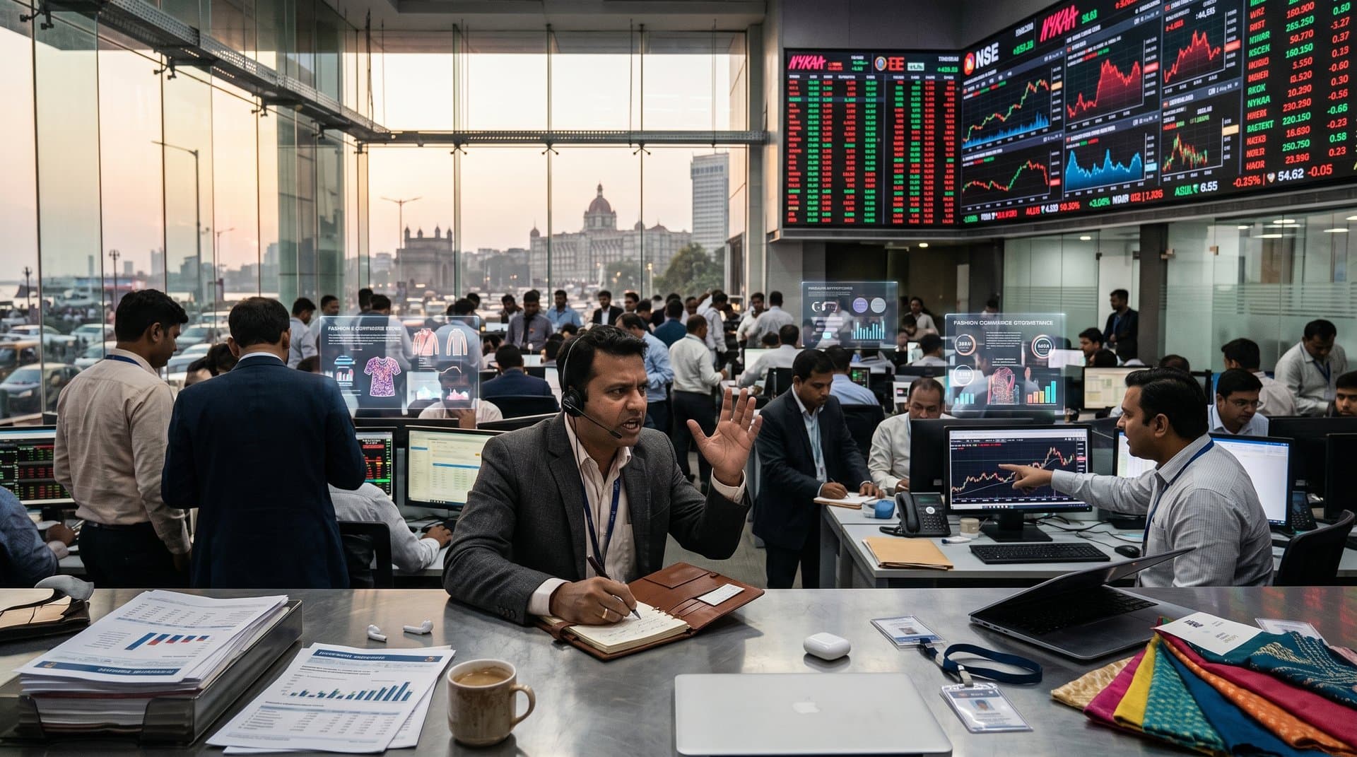 Trading screens display AI sell-off charts dropping 22%, steady BTC at $79,953, neutral sentiment, South Asian fashion tech metrics like Nykaa and Myntra AI