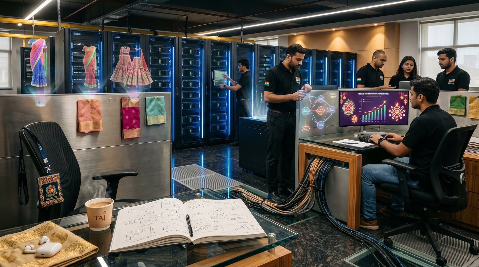 AI data center with GPU racks and holographic Indian fashion supply chain maps