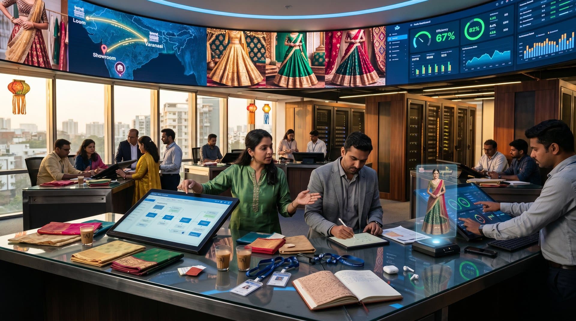 AI-driven Indian fashion supply chain control room with screens showing textile logistics, designs, and efficiency metrics in modern tech environment