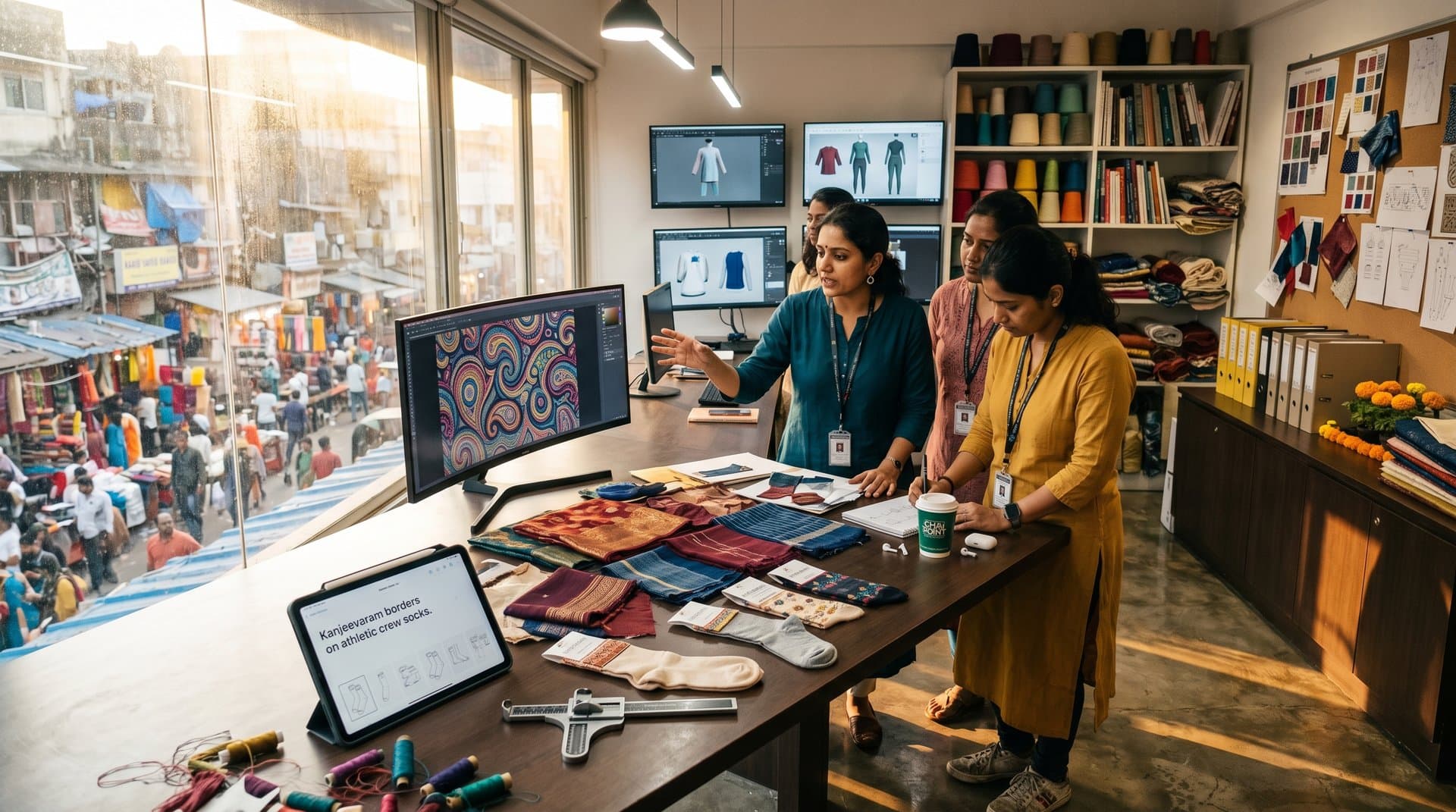 Mumbai designers review AI-generated ethnic sock patterns on monitors amid fabric swatches and digital tools