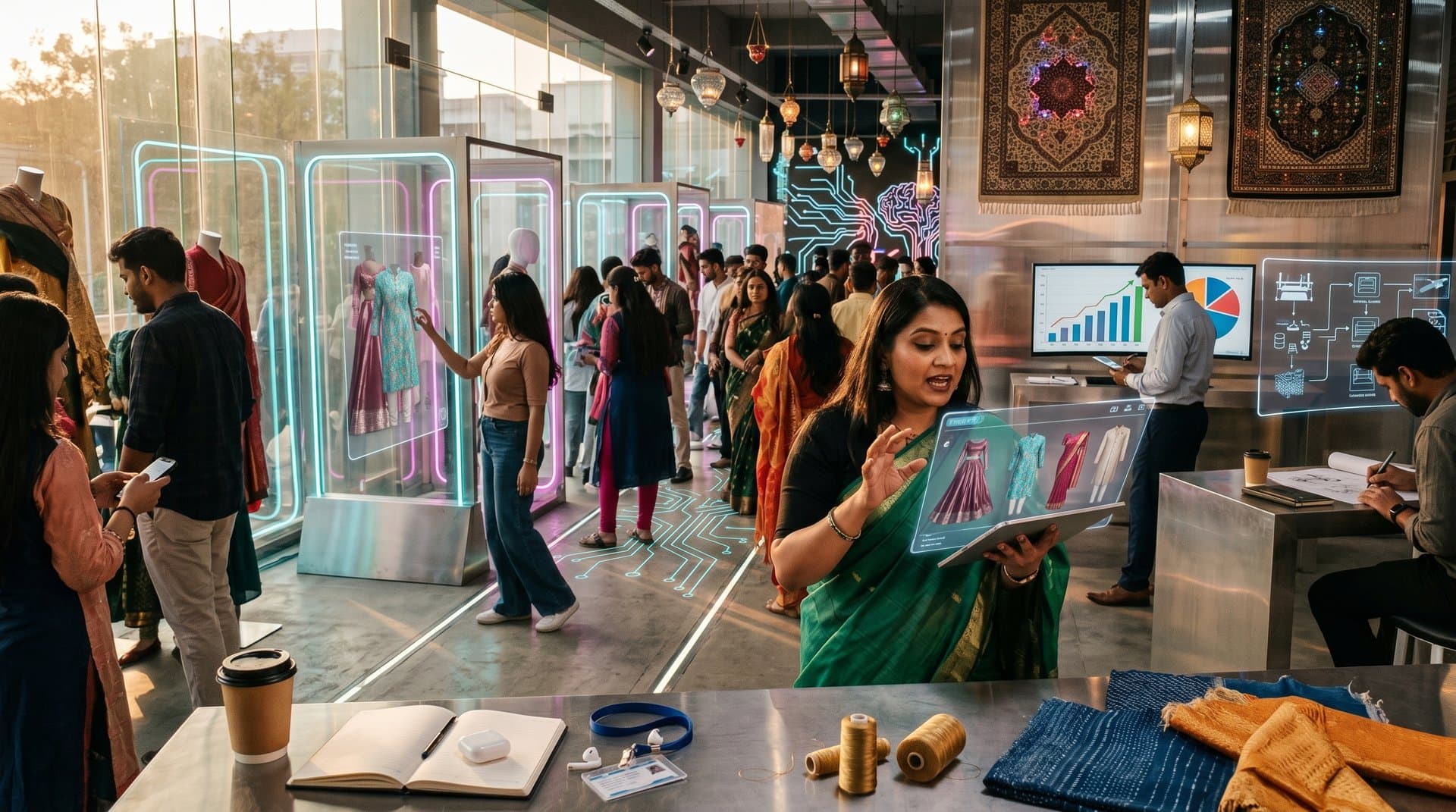 AI-generated visualization of South Asian fashion trends with product search links for lehengas, kurtas, and handloom saris on Myntra-style interfaces