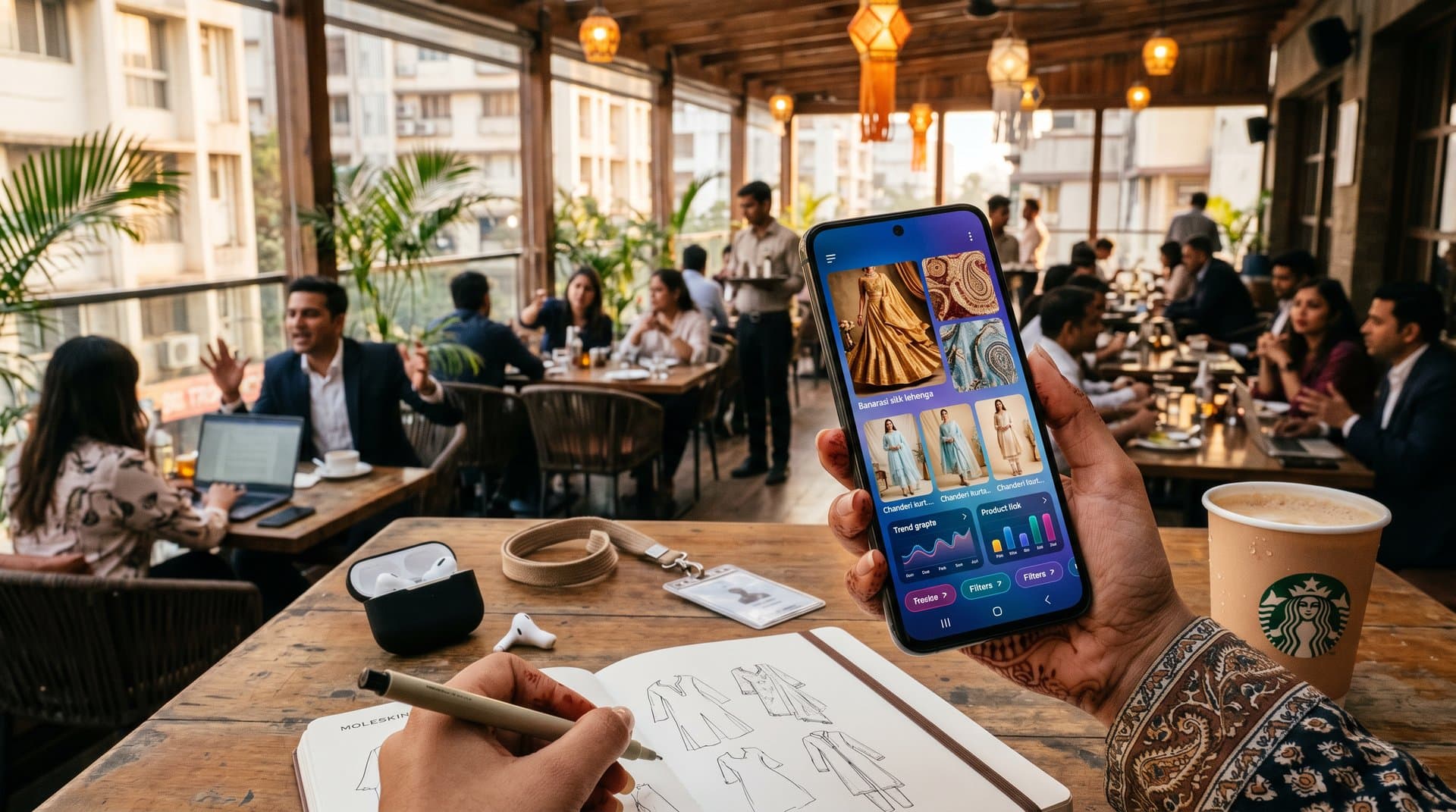 Smartphone screen showing AI fashion product links and personalized South Asian ethnic wear recommendations with trend overlays