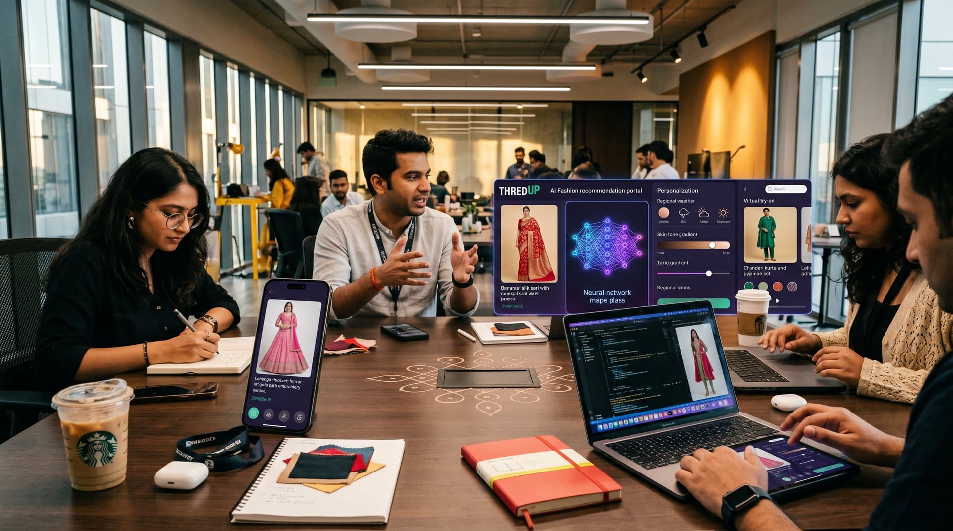 AI app interface recommending South Asian lehengas, kurtas, and saris with neural patterns