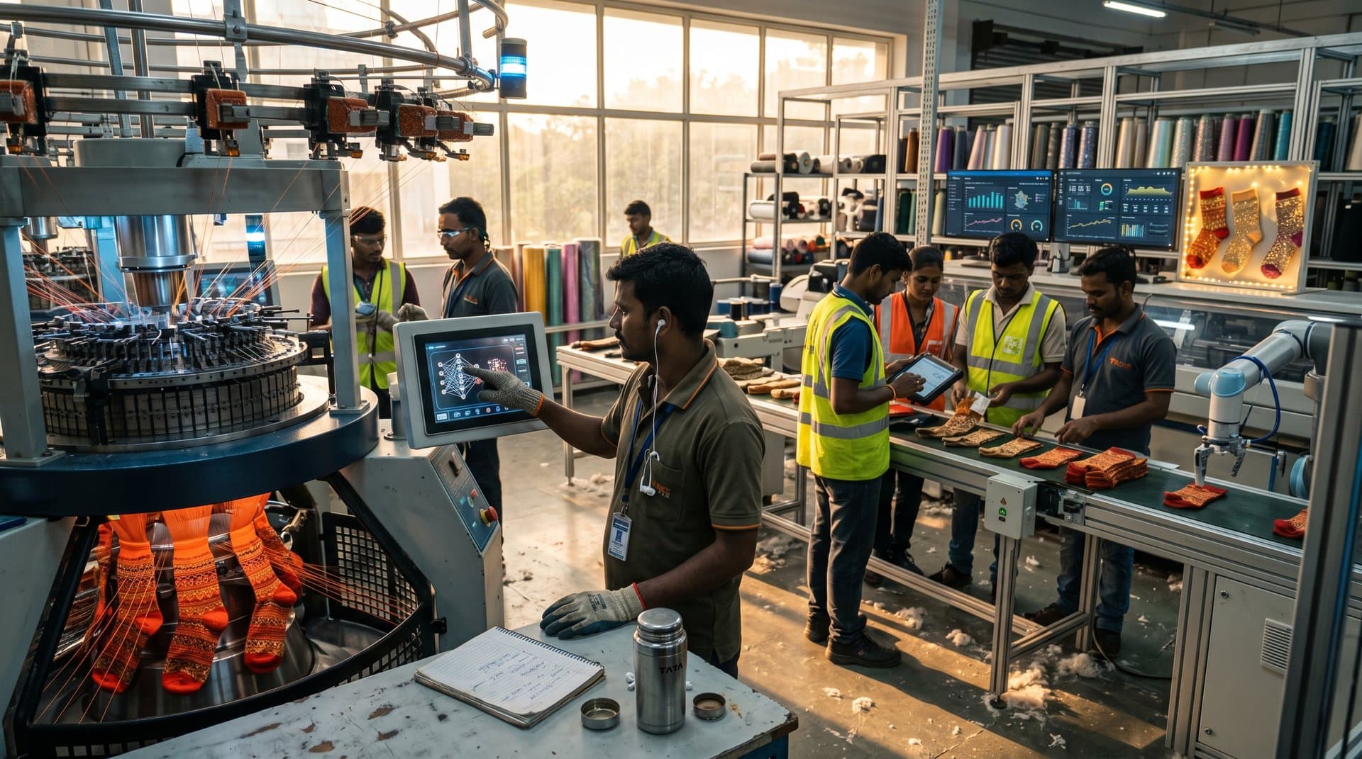 AI-enabled Tirupur factory screens generate Desi sock patterns amid looms and quality checks in modern textile workspace