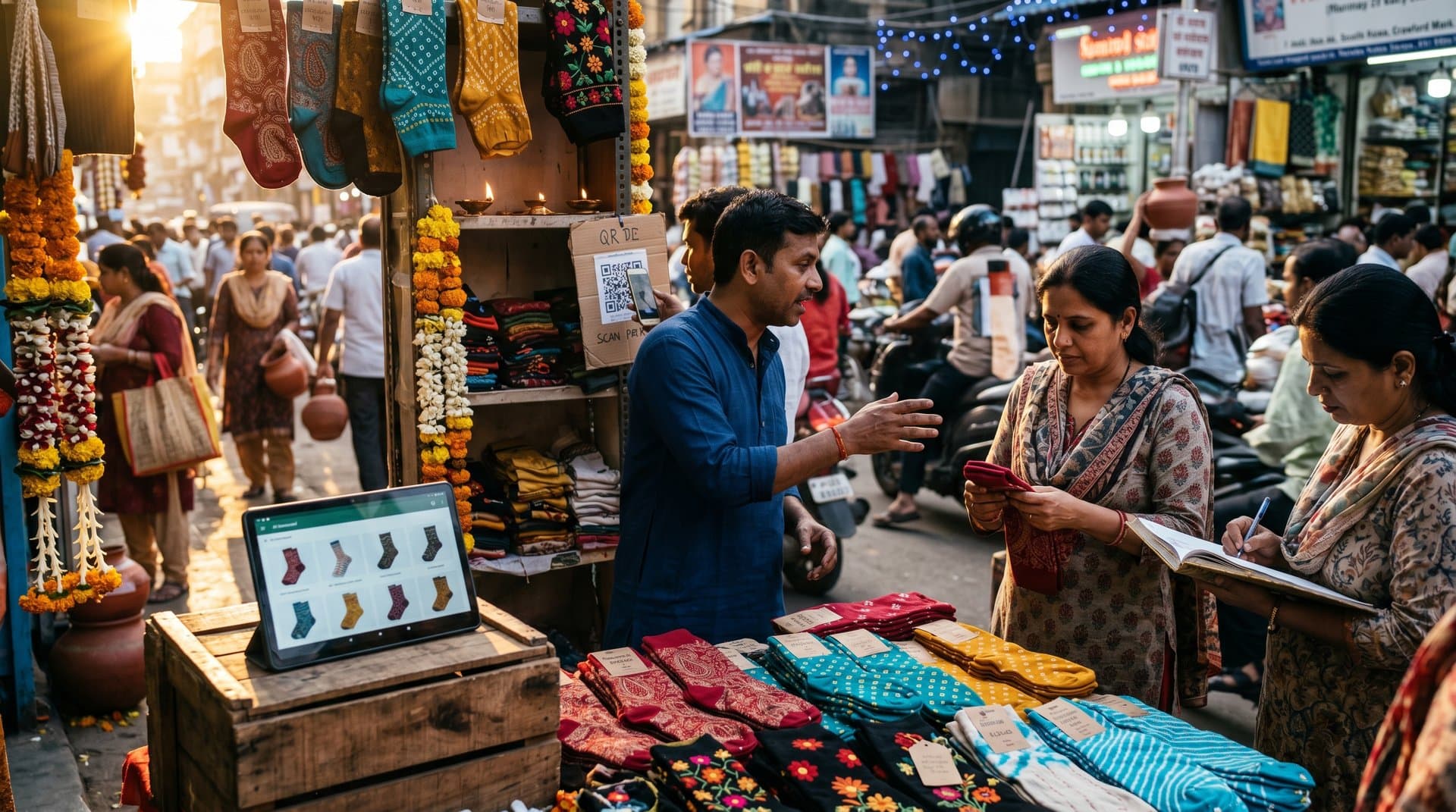 Traditional South Asian socks with paisley, Bandhani, and Phulkari motifs on Mumbai stall next to AI-generated designs on tablet, festive background