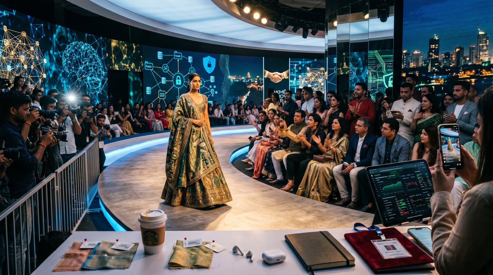 South Asian model on Mumbai runway showcasing AI surveillance-themed lehenga with privacy motifs, LED screens, and fashion audience