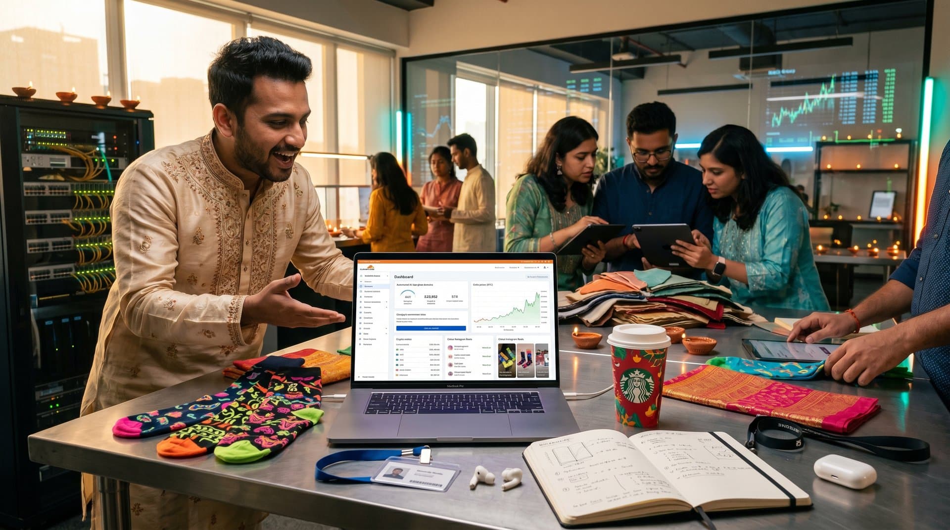 Diwali socks with Bollywood motifs on laptop screen showing Cloudflare AI agents deploying sites amid BTC charts and festive lights