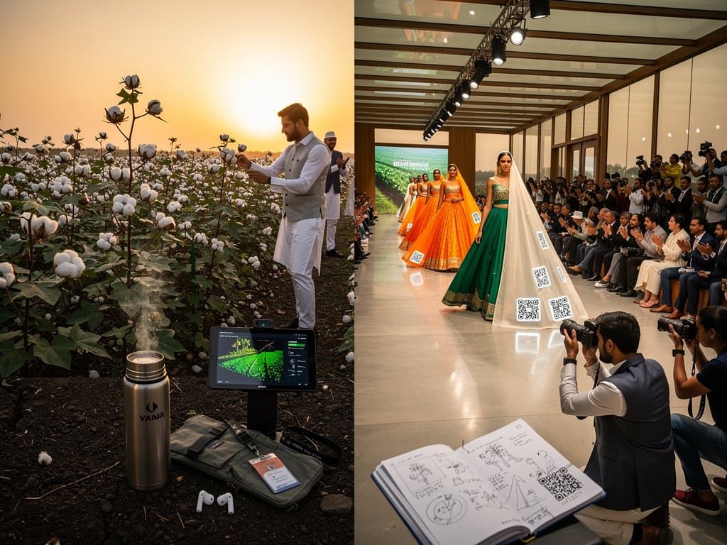 AI drone over Punjab cotton fields with data overlays transitioning to sustainable fashion runway lehengas under festive lights