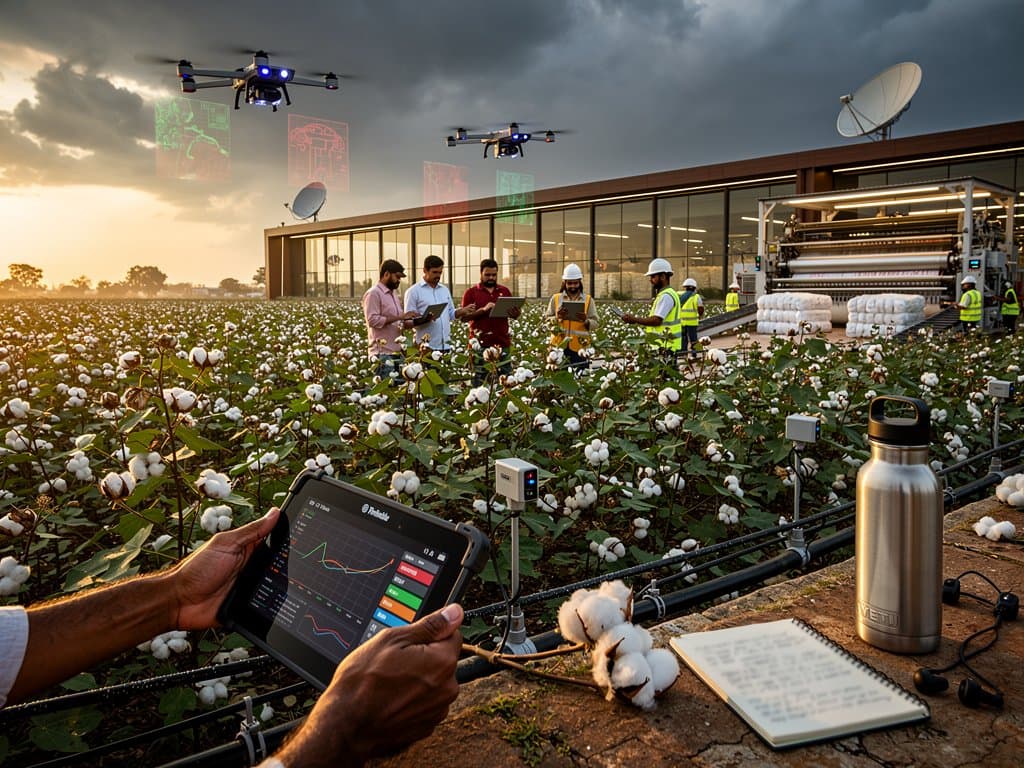 AI drones scanning Gujarat cotton fields under monsoon skies, tablet showing yield data, linking to textile mills and fashion runway elements