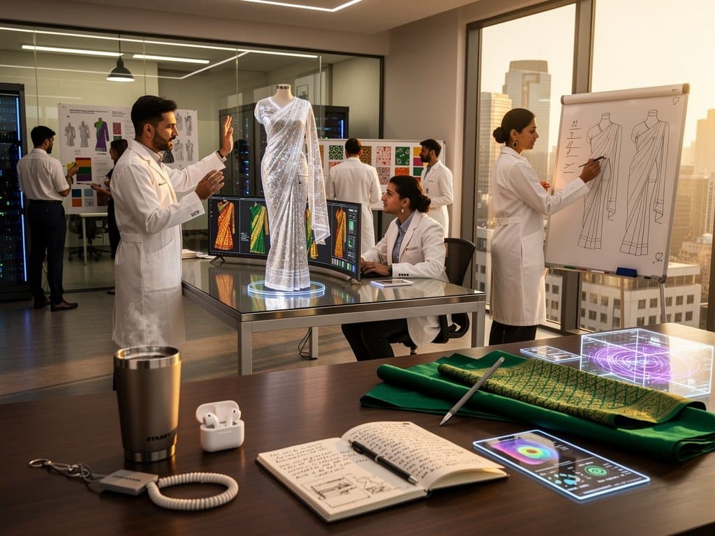 AI lab displays South Asian textile patterns on monitors with holographic fabric models and server racks