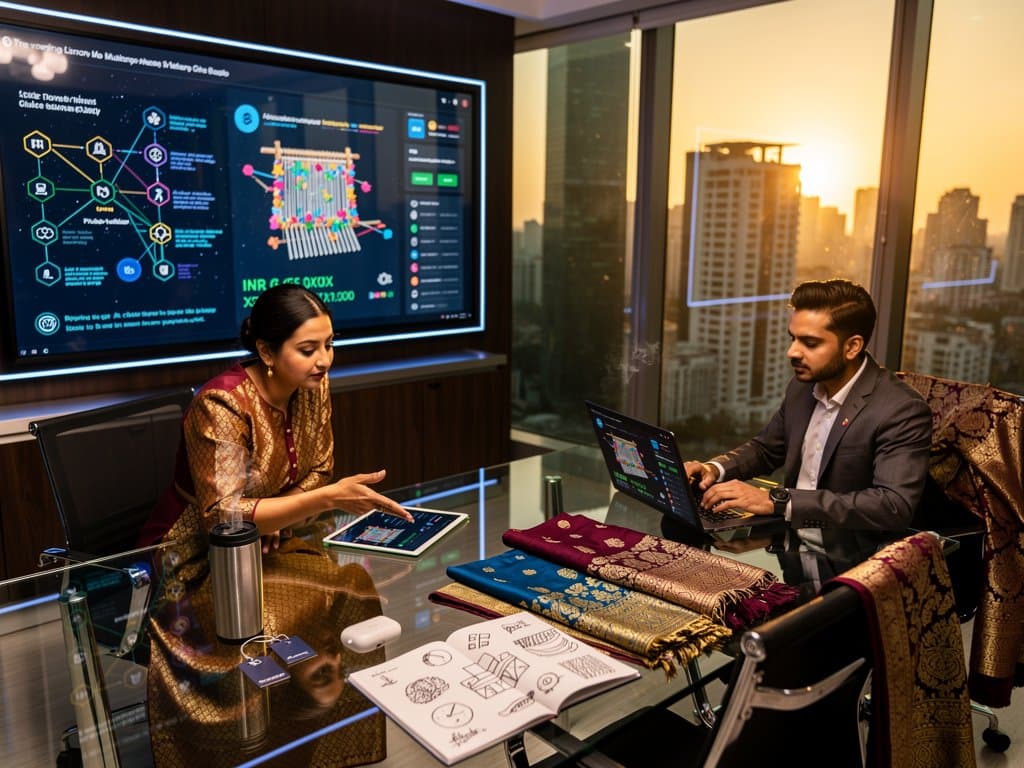Mumbai office scene blending South Asian fashion textiles with crypto charts, blockchain payments, and e-commerce dashboards