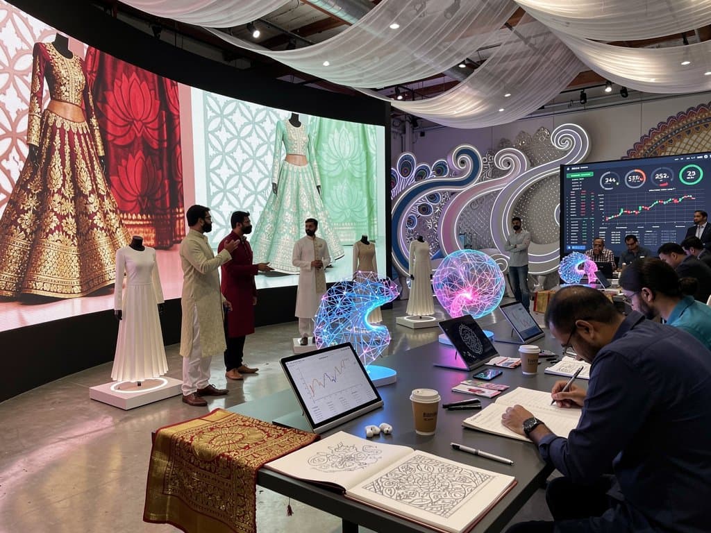 Exhibition hall with AI generative designs blending architecture and South Asian fashion on screens amid 3D models and fabric swatches