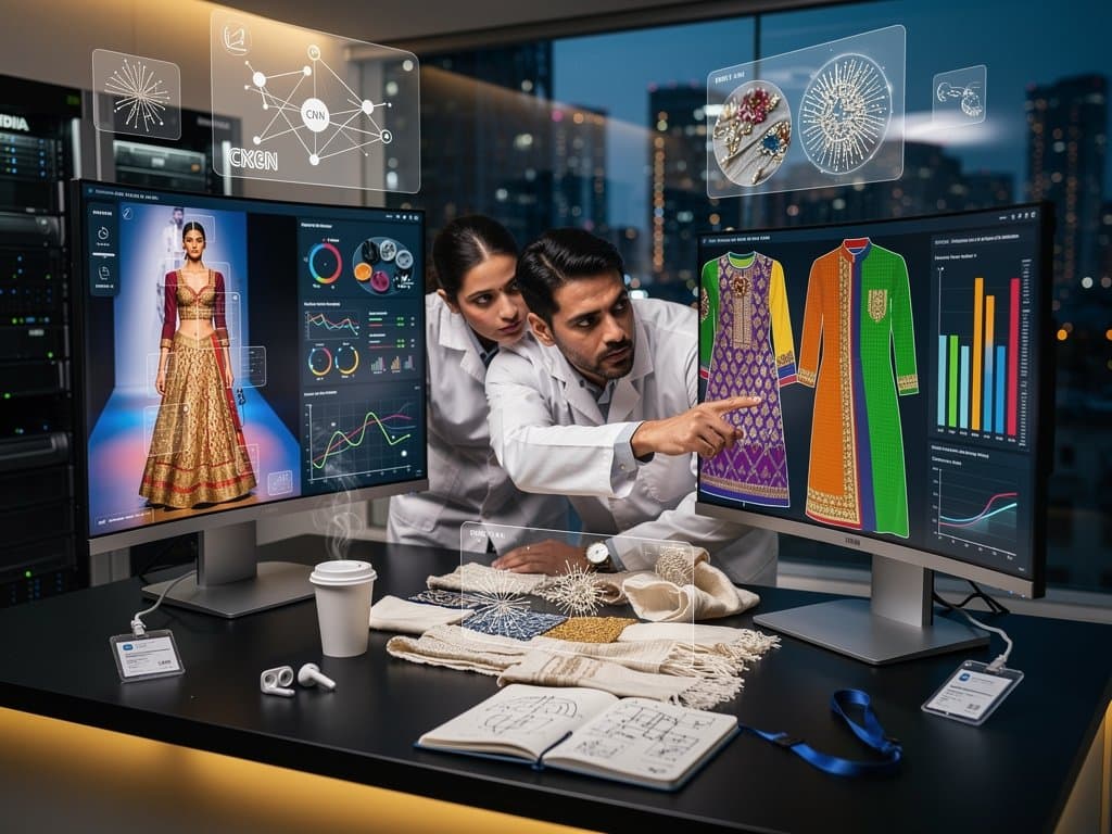 Computer vision AI screens analyzing South Asian fashion trends with heatmaps and segmentations in modern tech lab setup