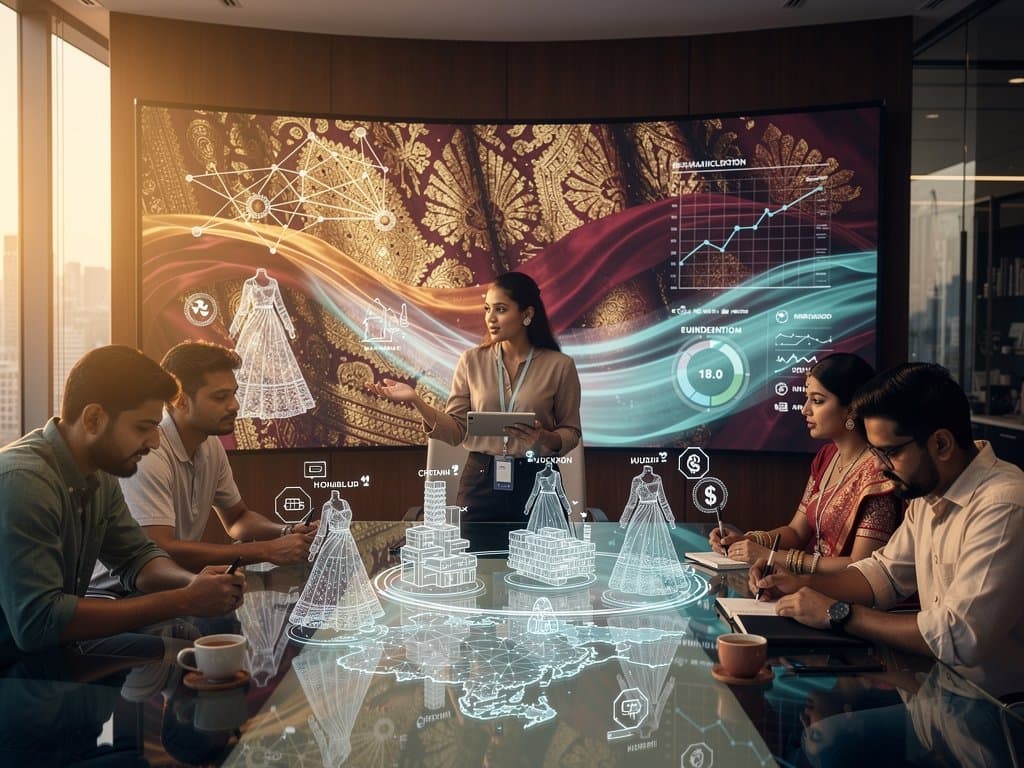 AI visualization of South Asian fashion supply chain with neural networks, handlooms, festive garments, and data flows