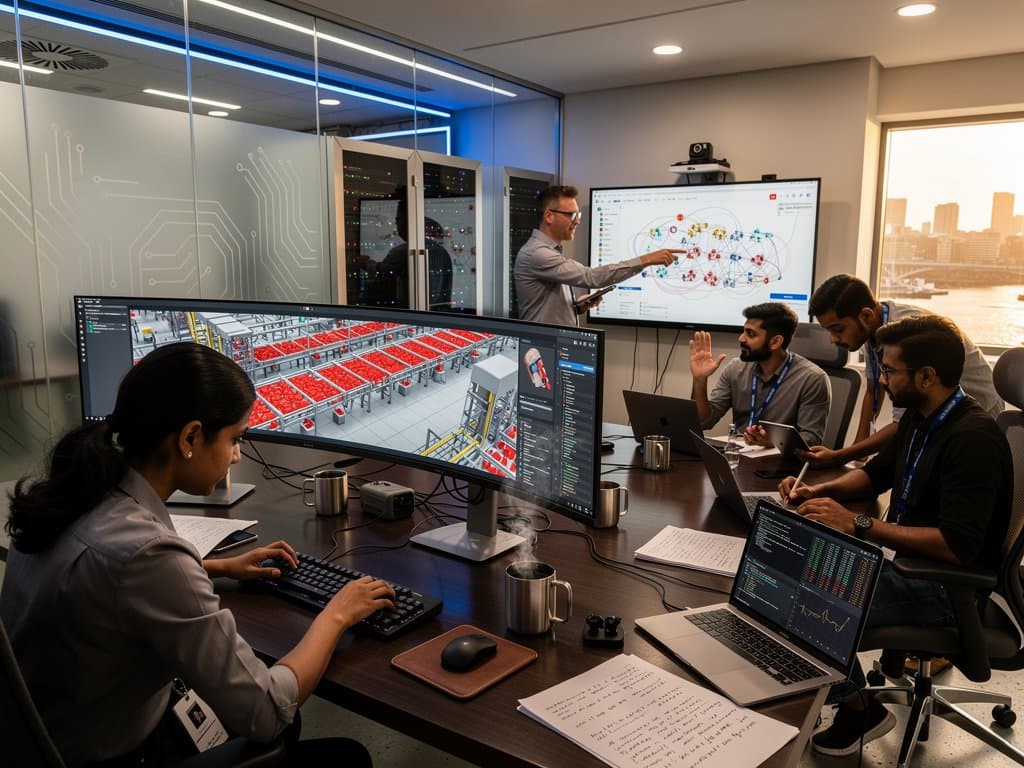 Engineers in Google DeepMind lab collaborate on AI manufacturing simulations across high-end monitors and touchscreens in modern workspace