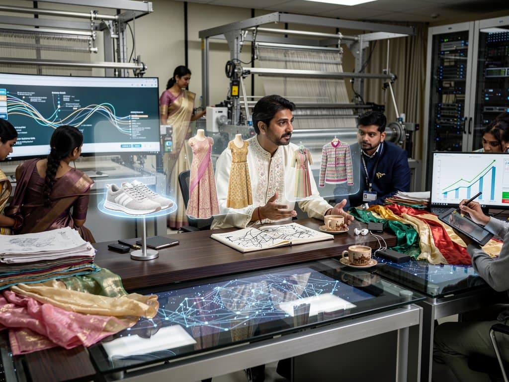 Mumbai AI studio simulates Allbirds shoes and Indian weaves like Banarasi silk on displays amid textile innovation