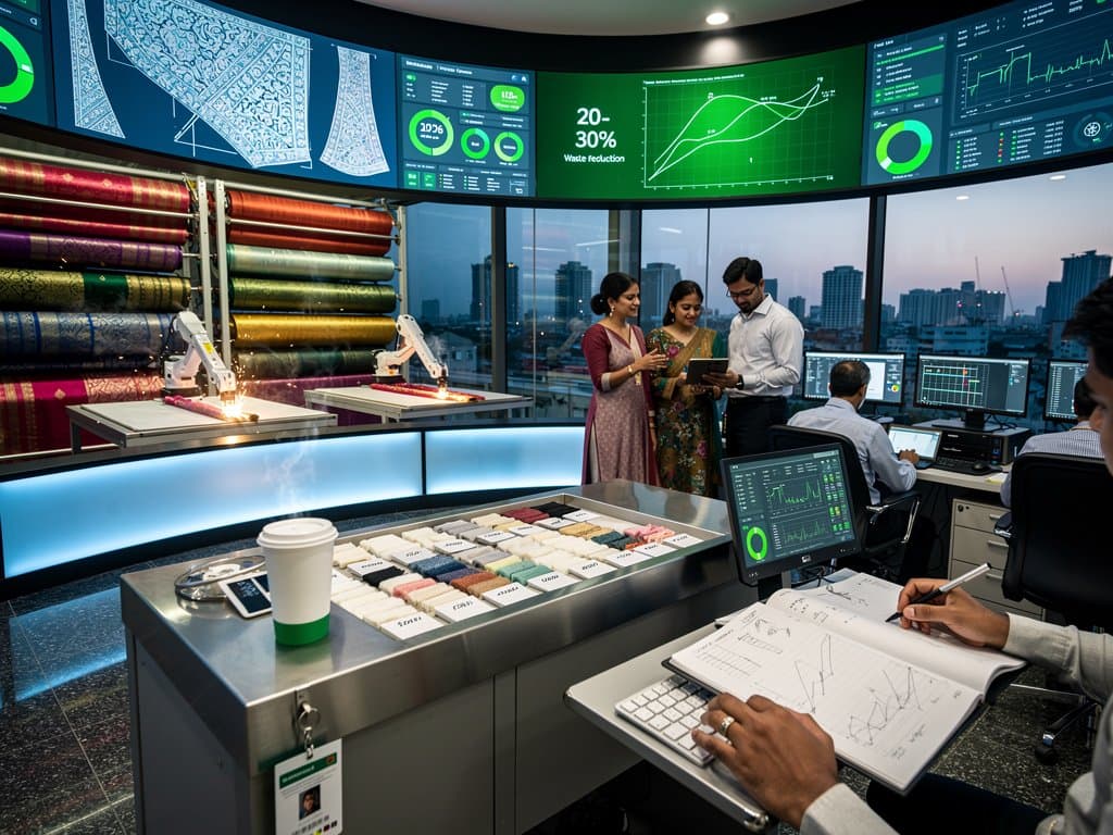 AI-optimized fabric cutting patterns on screens in Bangalore factory control room with robotic arms in action.