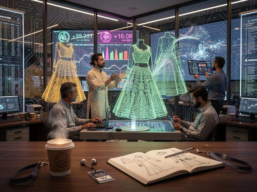 AI visualization analyzing South Asian fashion trademarks with pattern overlays and crypto charts in tech interface