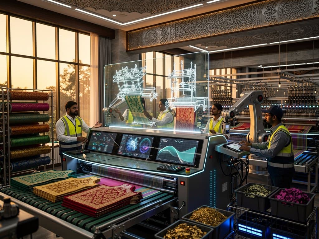 AI-powered textile factory with digital twins of looms, predictive dashboards, and optimized South Asian fabrics in high-tech warehouse