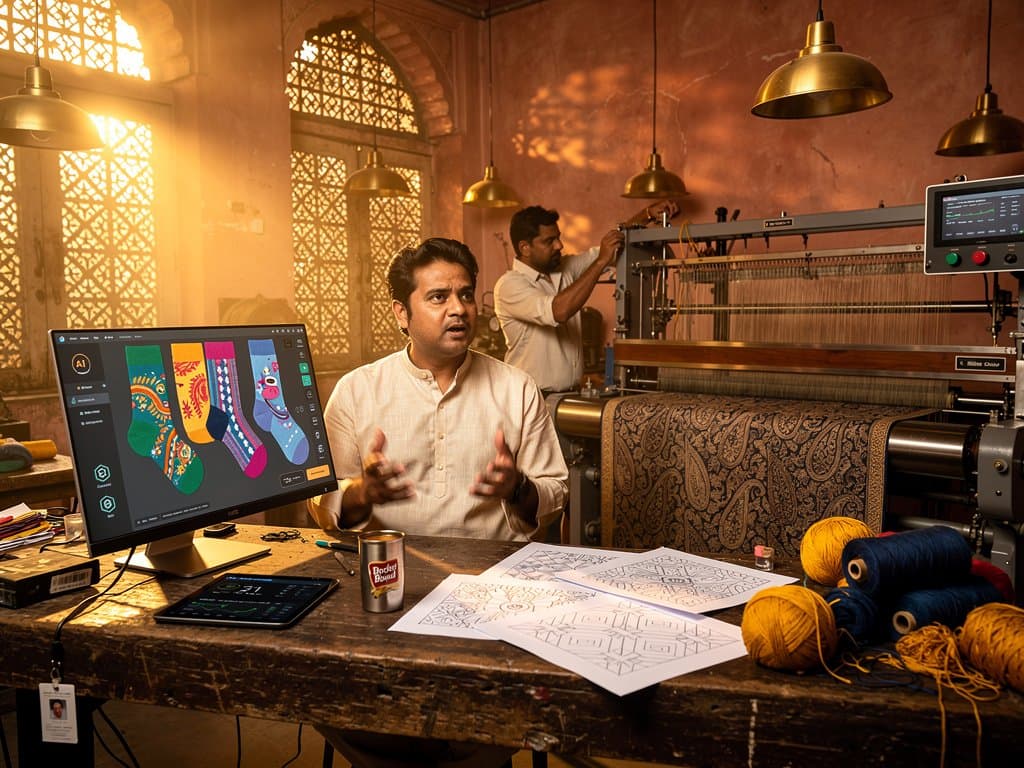 South Asian textile workshop with AI and blockchain screens analyzing colorful sock patterns amid yarn spools and looms in vibrant Mumbai setting