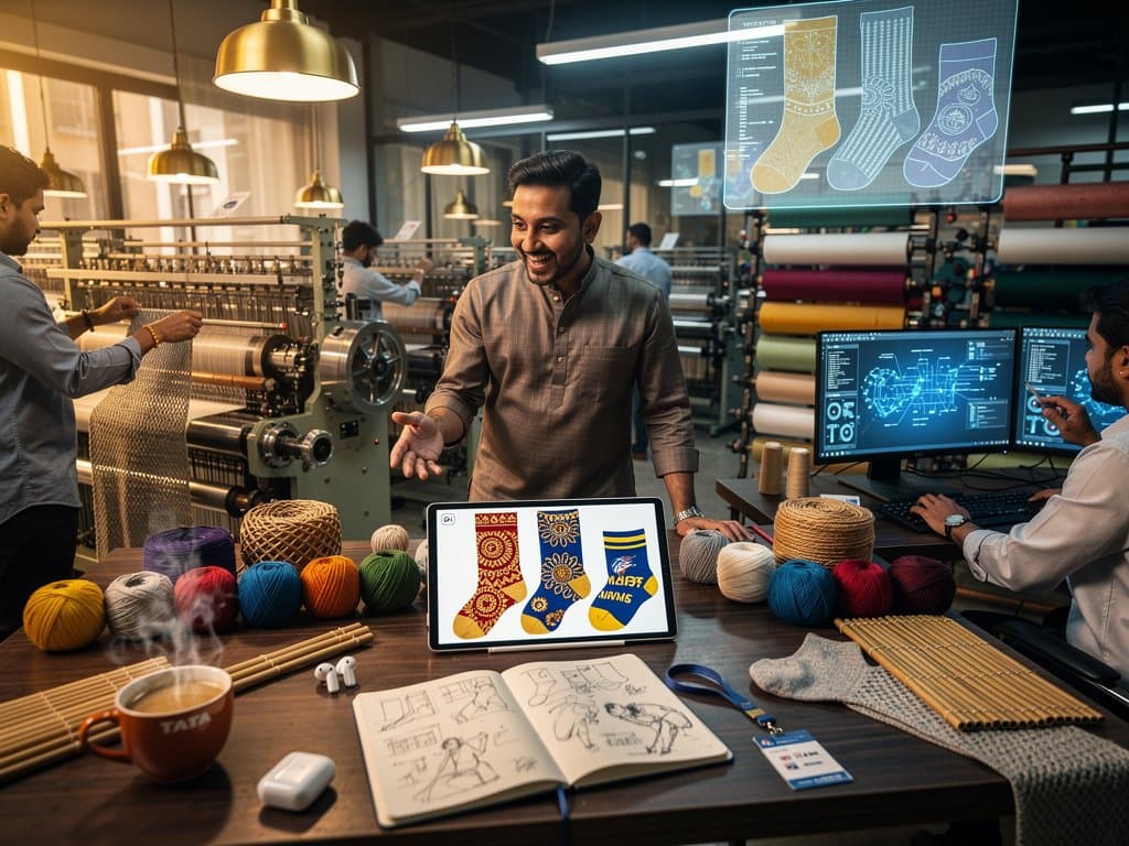 AI-generated custom sock designs blending Diwali patterns and cricket motifs in a South Asian textile studio