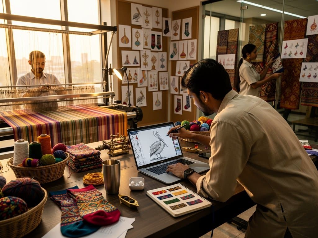 Mumbai studio laptop shows Qwen AI pelican sock pattern amid handloom tools and fabrics