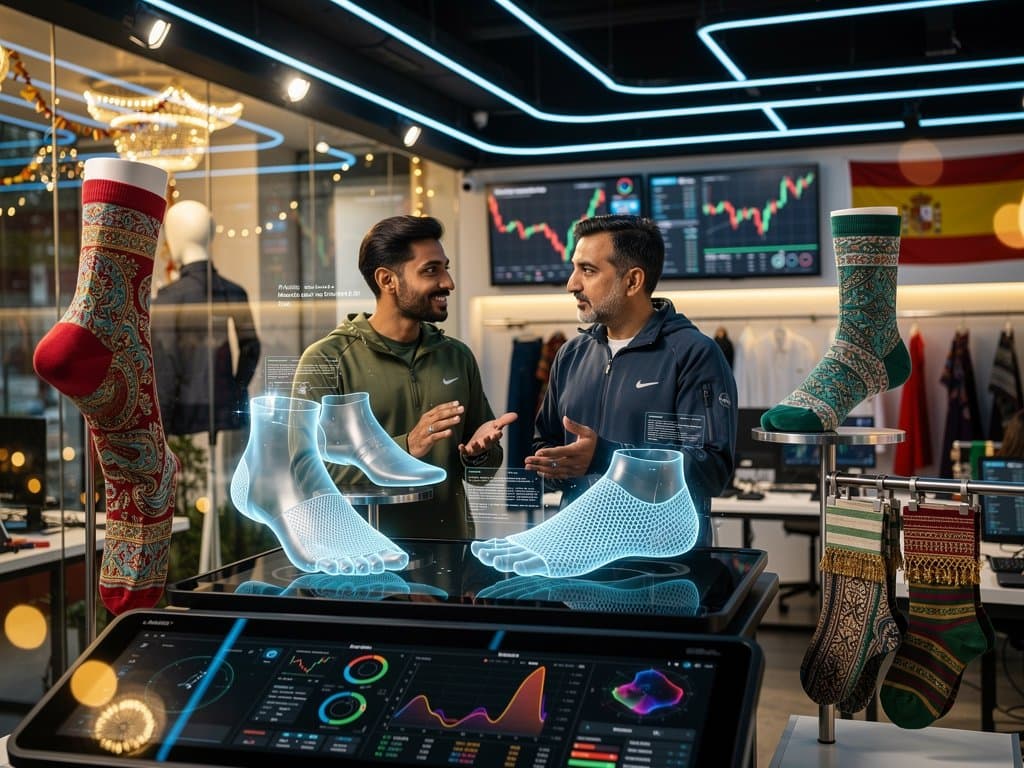 AI studio in Spain with 3D custom sock designs for South Asian feet, crypto tickers, and textile swatches