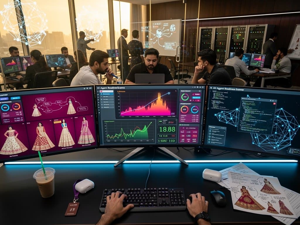 AI agent scanner dashboard showing Myntra 92 Ajio 87 readiness scores with fashion products and BTC charts on modern monitors