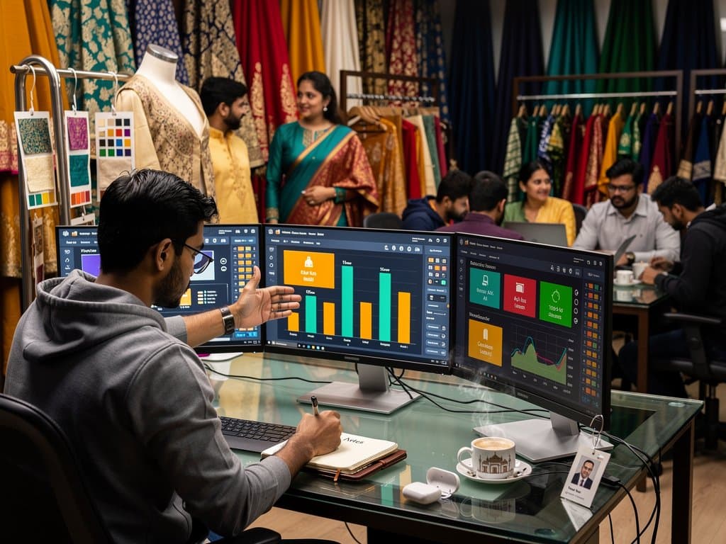 Mumbai fashion tech office screens show AI agent scans for lehenga and kurta e-com readiness amid textile swatches