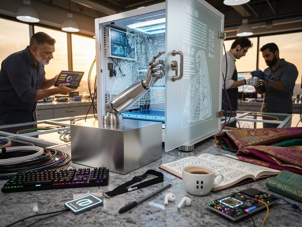 Humanoid robot hand unlocks secure server with AI fashion data and blockchain screens