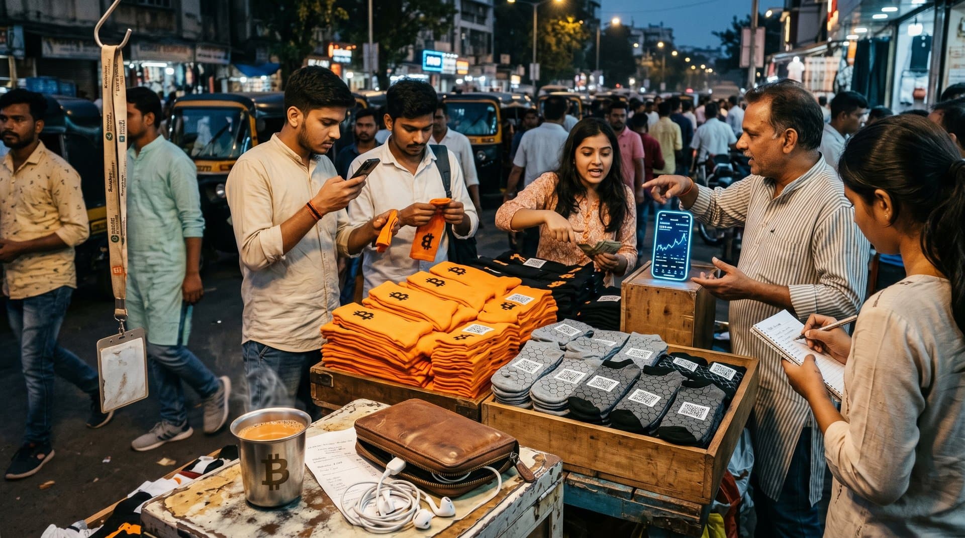 Mumbai street market stalls with Bitcoin-themed orange cotton socks and crypto charts on phones amid vibrant South Asia fashion scene