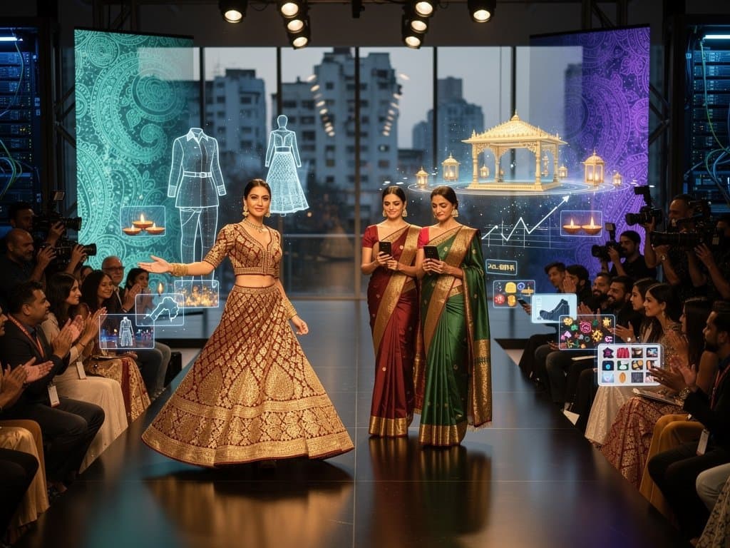 AI-generated fusion runway blending Hollywood styles with Indian Banarasi and Chanderi textiles amid crypto charts