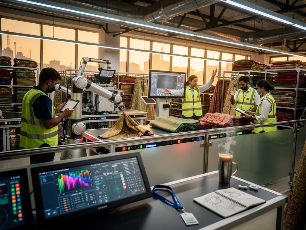 AI robots automate cutting and folding of silk fabrics in modern South Asian fashion factory