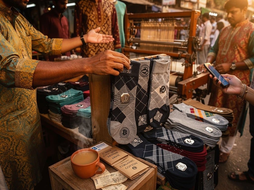 Crypto-themed socks with Bitcoin patterns and blockchain weaves displayed in Mumbai market amid handloom elements