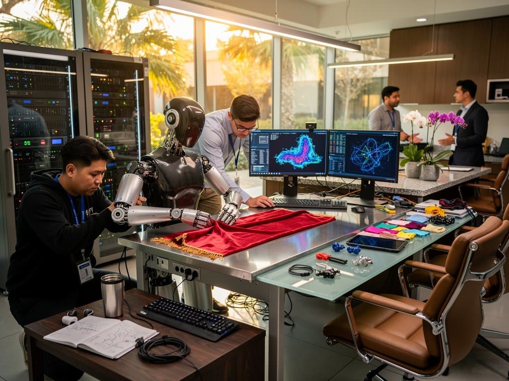Engineers test humanoid robot stitching silk fabric amid screens and workbenches in Google DeepMind lab
