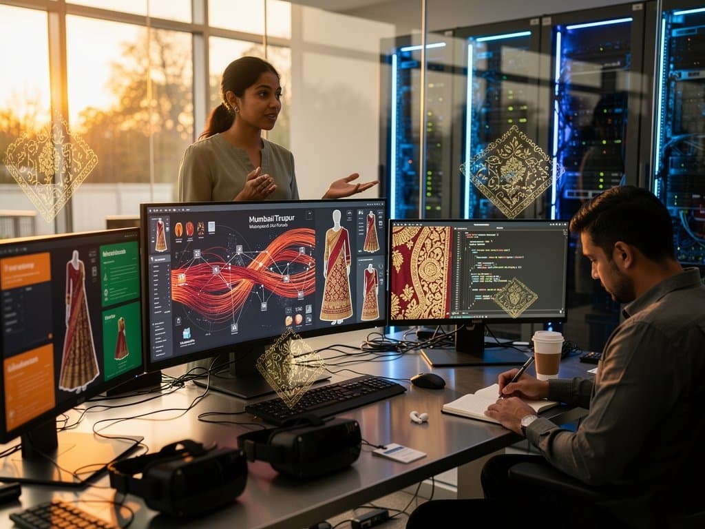 AI lab monitors show Indian fashion supply chain models and AR garment try-ons in high-tech office environment