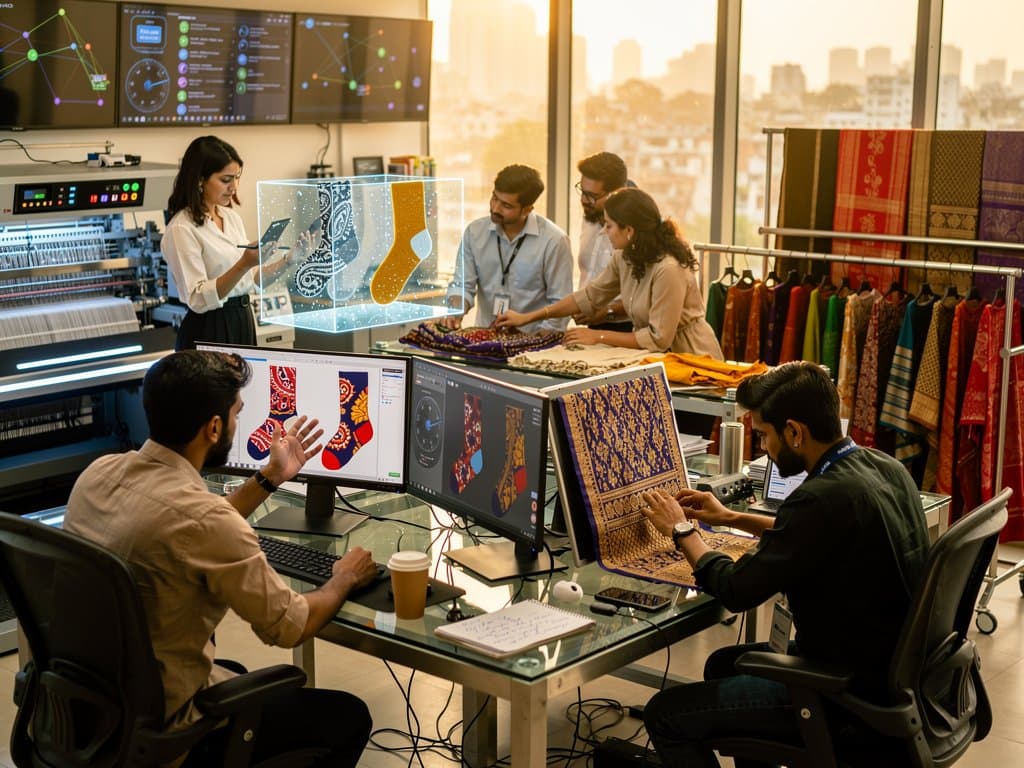 AI-powered fashion lab at NIFT Mumbai generates textile patterns amid handloom fabrics and digital simulations