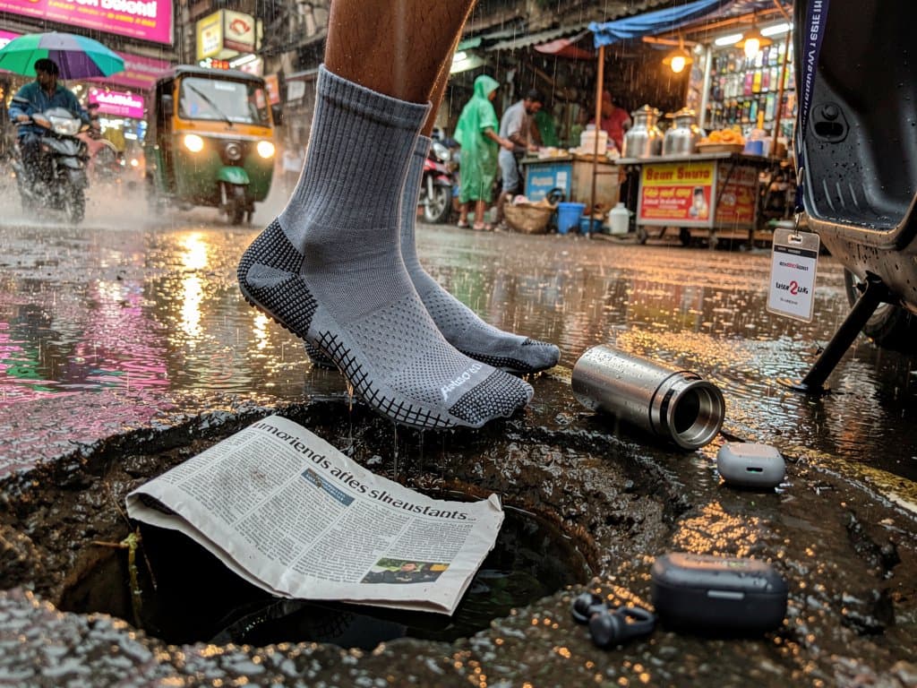 Monsoon-ready anti-slip socks on wet Mumbai road with AI traction heatmap overlay