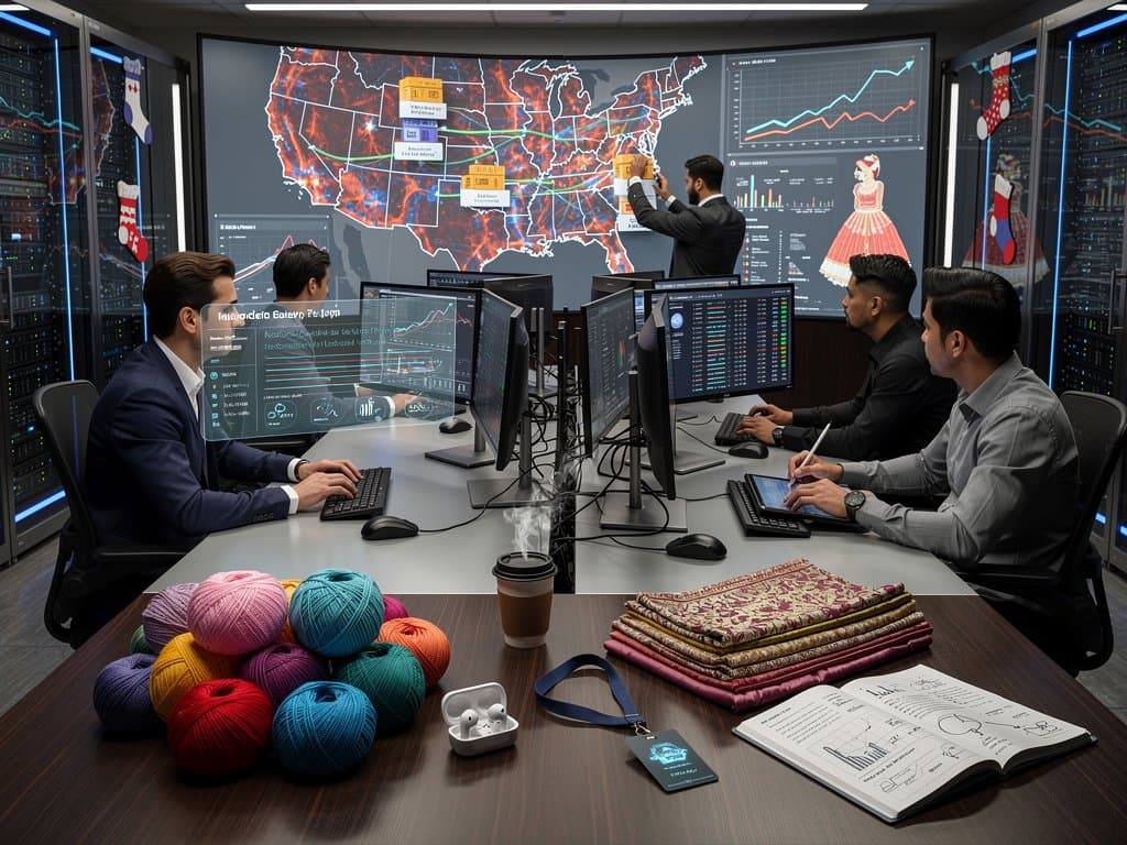 AI dashboard visualizes US road data synthesis optimizing yarn shipments to Tirupur sock hub amid fashion supply chain graphics