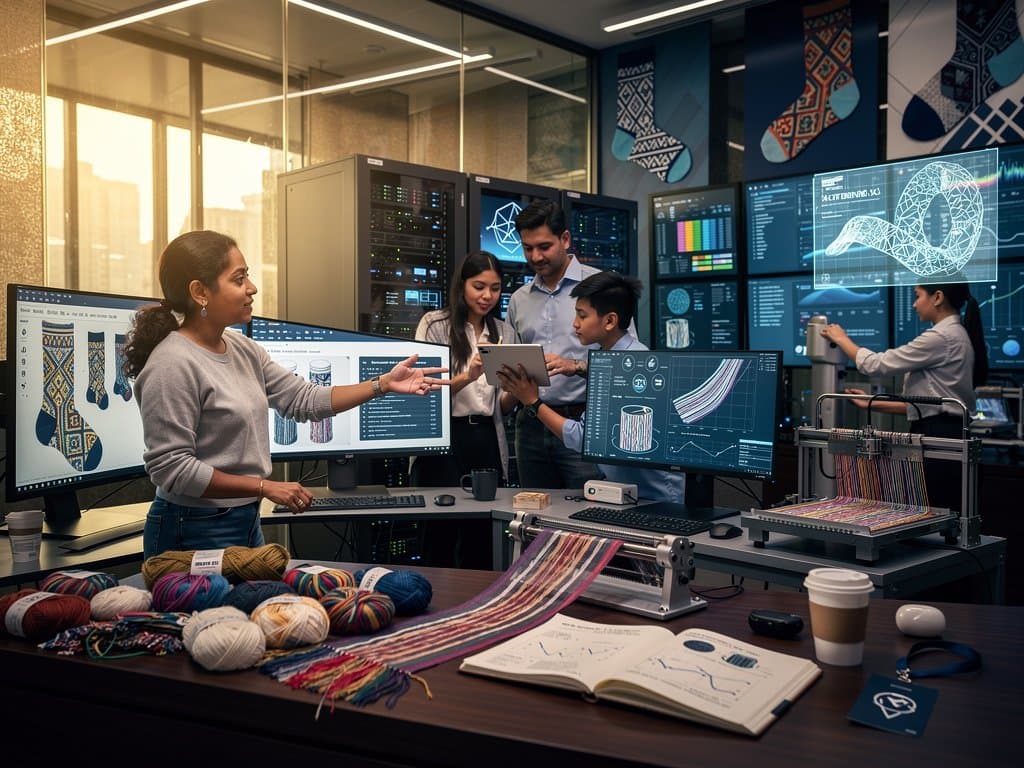 AI interfaces display sustainable sock designs fusing South Asian weaves in university lab setting