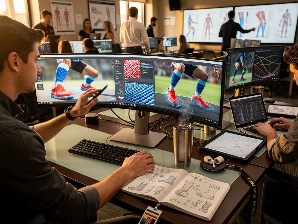 Ohio University lab screens show AI-designed performance socks with cricket simulations and textile heat maps in innovative academic setting